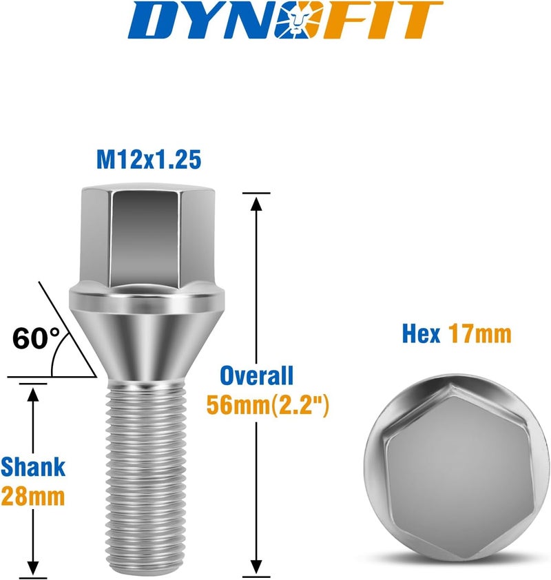 dynofit Store M12x1.25 Lug Bolts Set Compatible with Je-ep Compass Cherokee Renegade, 20pcs 12mmx1.25 Lug Nuts Stud for Fiat 500 Dodge Dart Chrysler 200, 28mm Shank Wheel Bolts Replace OE#6511051AA 611-005 - Image 2